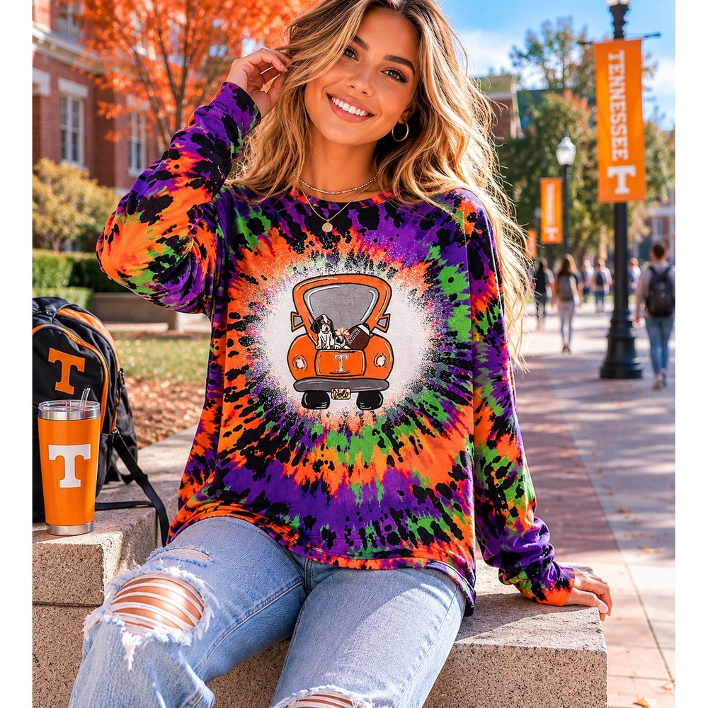 Tennessee Vols Tie Dye Long Sleeve Graphic Tee Orange Purple Smokey‎ Size Medium
